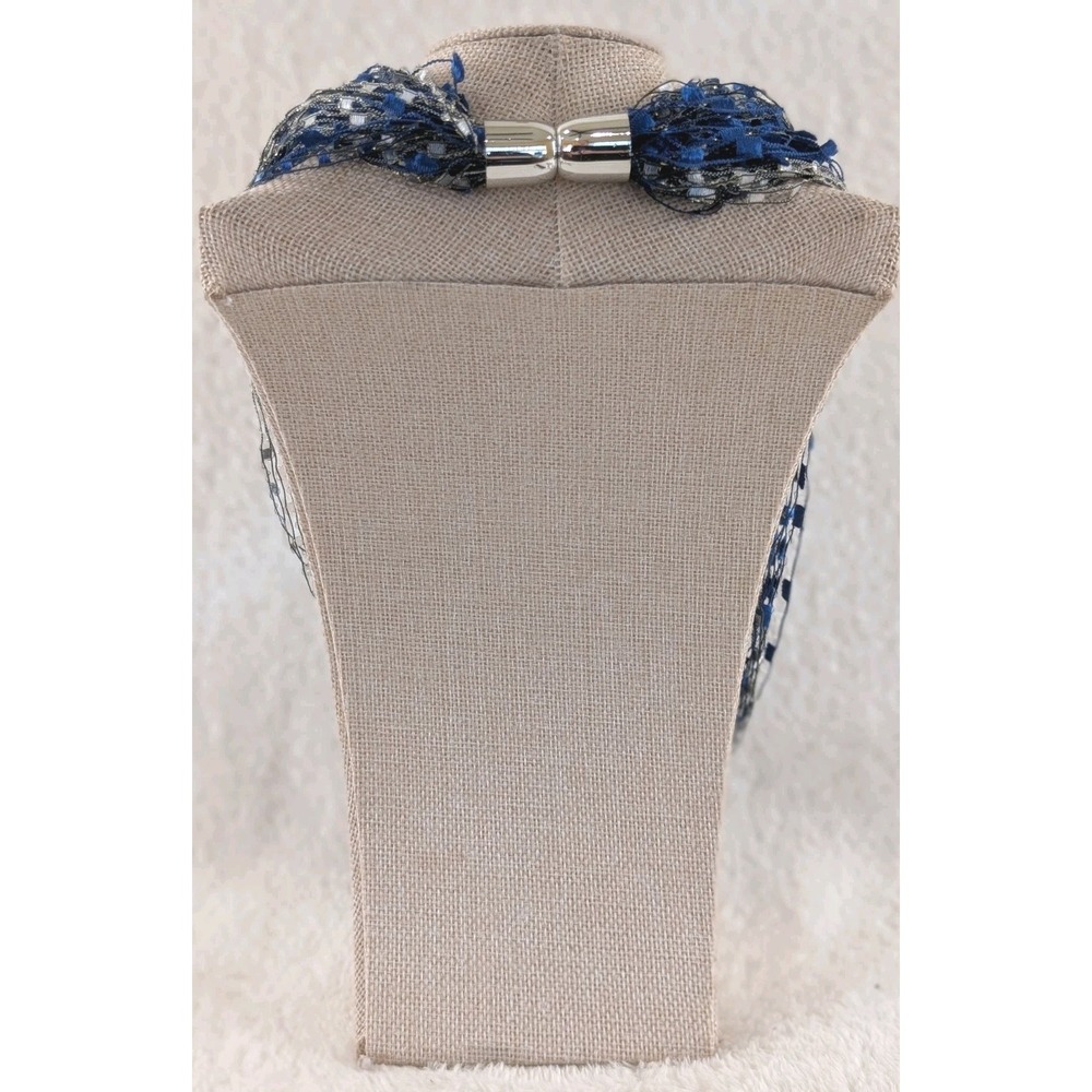 Blue Silver Multi Strand Ribbon Necklace Magnetic‎ Clasp Statement Fiber Art - Picture 3 of 3
